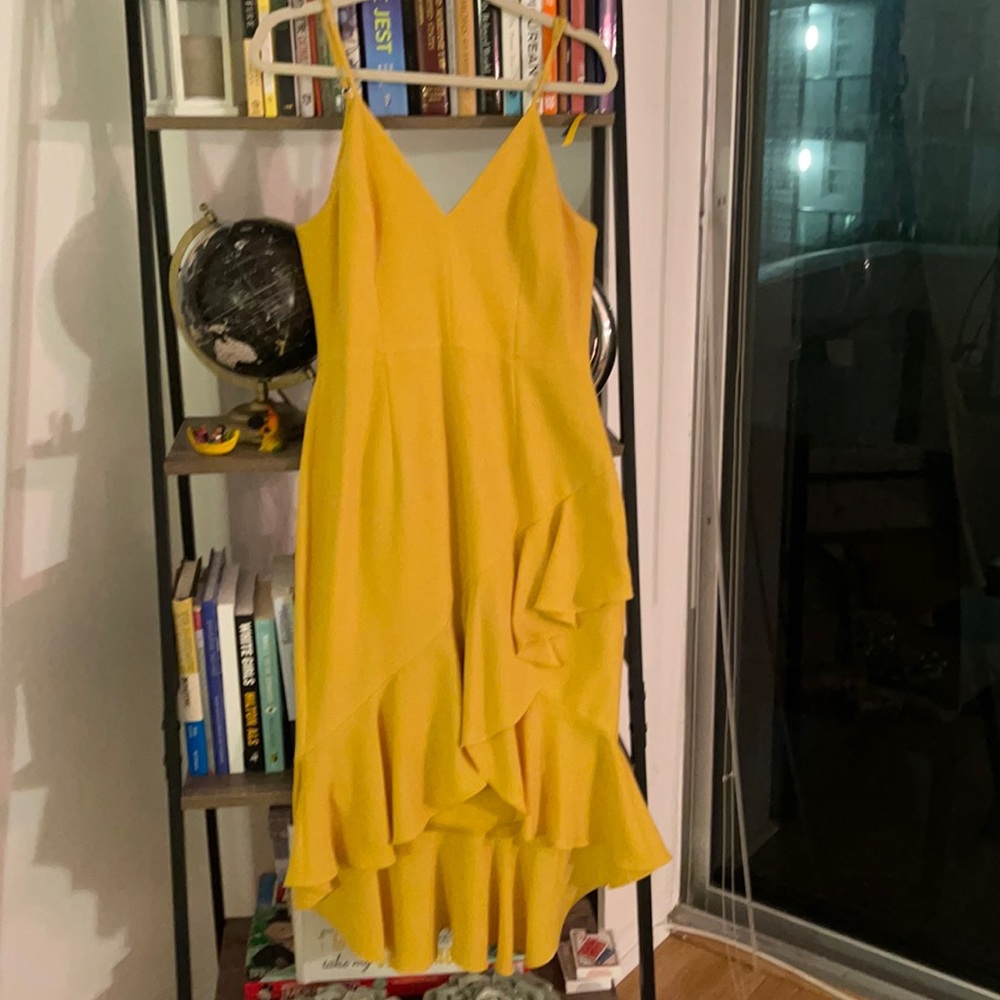 Dress the Population mustard/ marigold high low ruffle dress